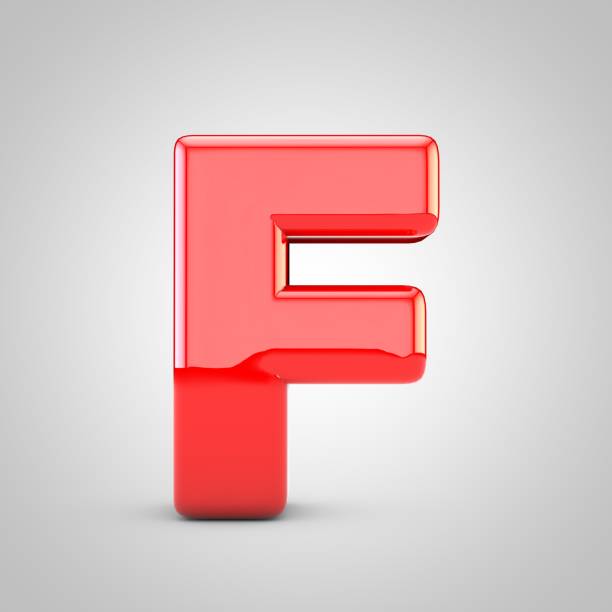 3D Red Letter F uppercase Isolated White Background. Glossy font with studio lights reflections and shadow.