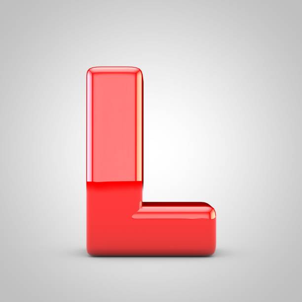 3D Red Letter L uppercase Isolated White Background. Glossy font with studio lights reflections and shadow.
