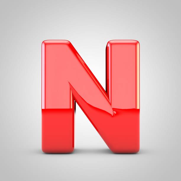 3D Red Letter N uppercase Isolated White Background. Glossy font with studio lights reflections and shadow.