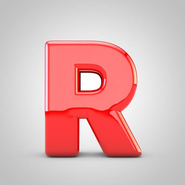 3D Red Letter R uppercase Isolated White Background. Glossy font with studio lights reflections and shadow.