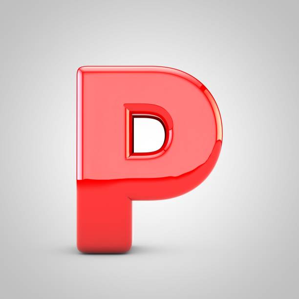 3D Red Letter P uppercase Isolated White Background. Glossy font with studio lights reflections and shadow.