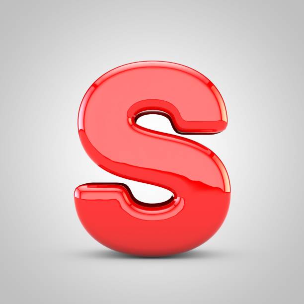 3D Red Letter S uppercase Isolated White Background. Glossy font with studio lights reflections and shadow.