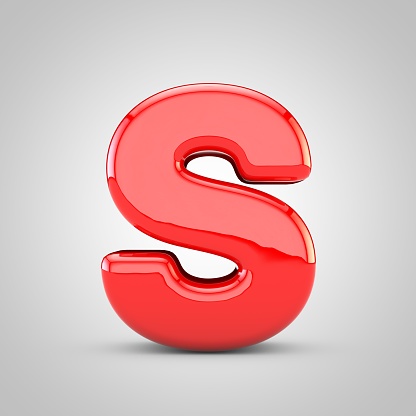3D Red Letter S uppercase Isolated White Background. Glossy font with studio lights reflections and shadow.