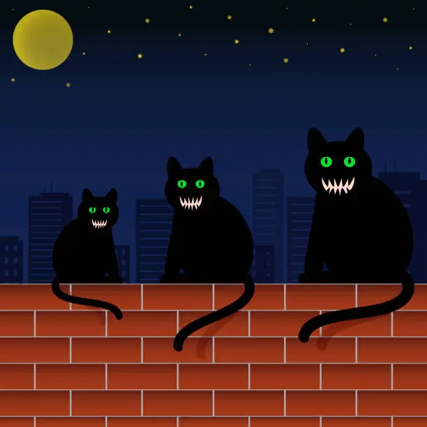 Vector illustration of Family cats with green eyes and scary faces sitting on brick wall in city. Halloween theme vector illustration.