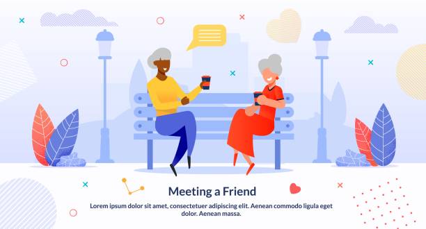 Meeting Multi-Ethnic Senior Friends Cartoon Flat Meeting Multi-Ethnic Senior Friends Cartoon Flat. Afro-American and Caucasian Women Sitting on Bench in Park and Drinking Coffee. Female Characters Chatting, Gossip. Vector Flat Illustration old ladies gossiping stock illustrations