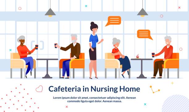 요양원 광고 플랫 포스터의 카페테리아 - senior adult nursing home eating home interior stock illustrations