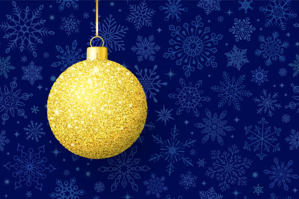 ilustrações de stock, clip art, desenhos animados e ícones de gold glitter shiny christmas ball on dark blue background - copy space single object confetti nobody