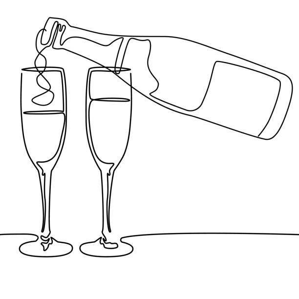 illustrations, cliparts, dessins animés et icônes de dessin continu de ligne. bouteille et glaces de vin de champagne. illustration de vecteur. - champagne