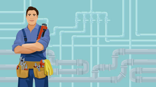 ilustrações de stock, clip art, desenhos animados e ícones de plumber on the piping system background - adjustable wrench illustrations