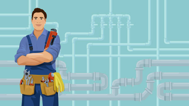 Plumber on the piping system background Worker with plumbing tools stands front the pipeline background. Cartoon smiling plumber. Water piping system repair concept. Vector illustration with copy space. plumber stock illustrations