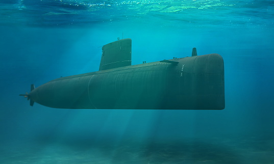 Submarino sumergirbajo profundamente cerca del fondo del océano photo