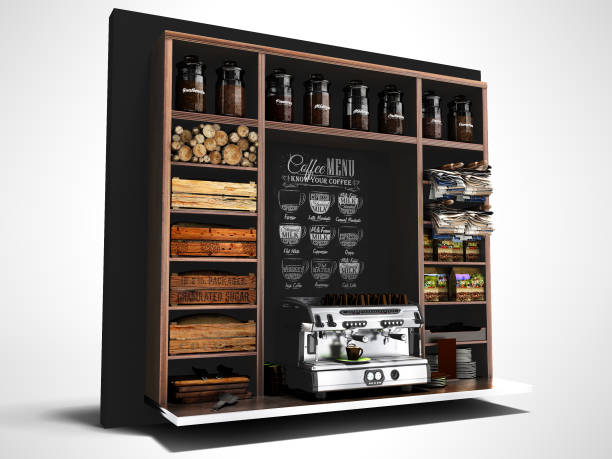 istock Concept coffee shelf with glass jars with coffee coffee machine tea for sale coffee 3d render on gray background with shadow 1182375807