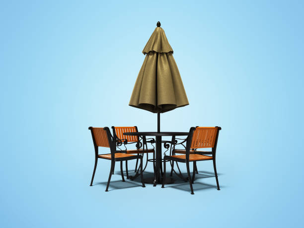 istock Closed umbrella for restaurant on central pillar with round table 3D render on blue background with shadow 1182375842