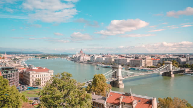 Time lapse of Danube river and Chain Bridge in morning in Budapest in Hungary