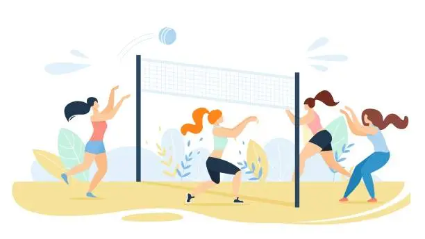 Vector illustration of Cartoon Women Team Characters Playing Volleyball