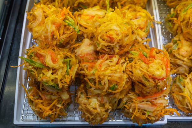 Delicious Japanese tempura fried vegetable balls at food stall