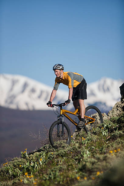 istock Mountain Biker Going Down Hill With Mountains In Background 118238070