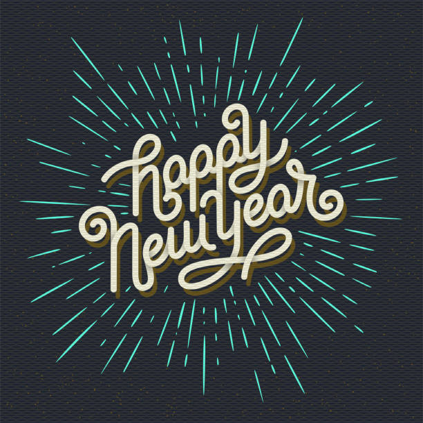 Happy New Year Lettering with burst rays. Holiday Vector Illustration. Lettering Composition And Light Rays Or Sunburst Happy New Year Lettering with burst rays. Holiday Vector Illustration. Lettering Composition And Light Sunburst new year card stock illustrations