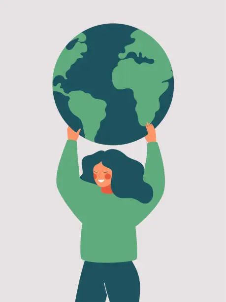 Vector illustration of Happy woman holds the green planet Earth.