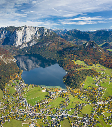 Aerial panorama of the beautiful lake Altaussee on this stunning autumn day. Austrian Alps Panorama. You can see the Mountain Trisselwand, Grimming, Totes Gebirge in back. Converted from RAW.