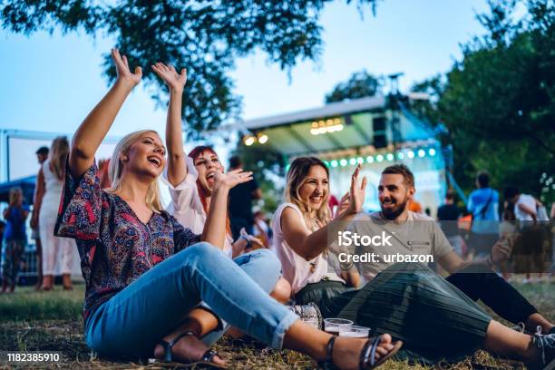 Group Of Friends On A Music Festival Stock Photo - Download Image Now - Outdoors, Music Festival, Public Park