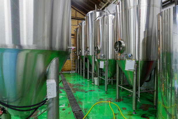 istock Metallic vats in a row in brewery 1182386101