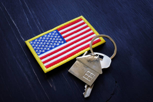 american flag and key from home. va streamline refinance loan concept. - house home interior flag usa imagens e fotografias de stock