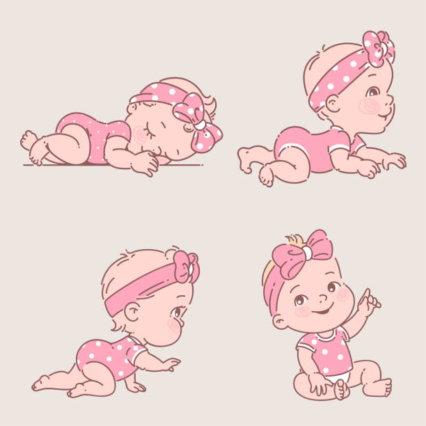 illustrazioni stock, clip art, cartoni animati e icone di tendenza di set con bambina in vestiti. - diaper baby crawling cartoon