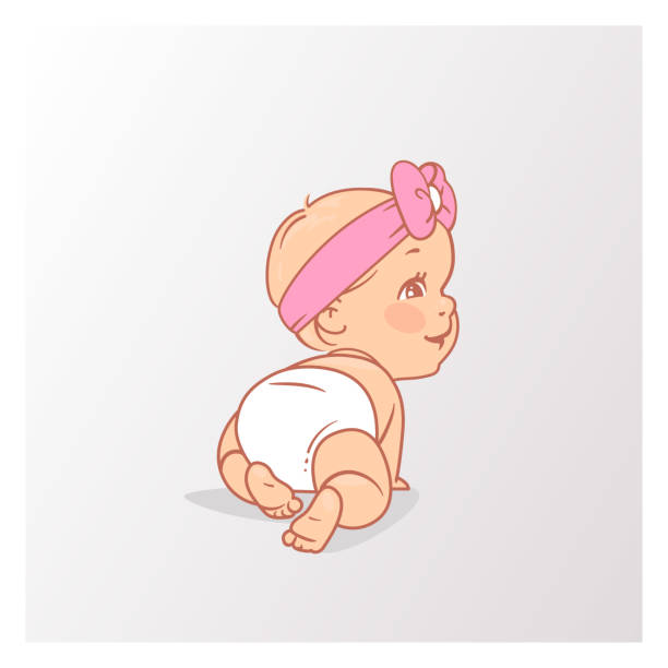illustrazioni stock, clip art, cartoni animati e icone di tendenza di carina bambina in pannolino che striscia. - diaper baby crawling cartoon