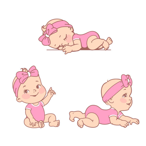 illustrazioni stock, clip art, cartoni animati e icone di tendenza di set con bambina in abiti. - diaper baby crawling cartoon