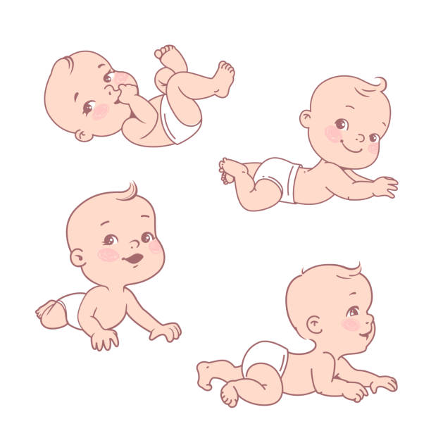 illustrazioni stock, clip art, cartoni animati e icone di tendenza di set con bambino sorridente o ragazza in pannolino. - diaper baby crawling cartoon