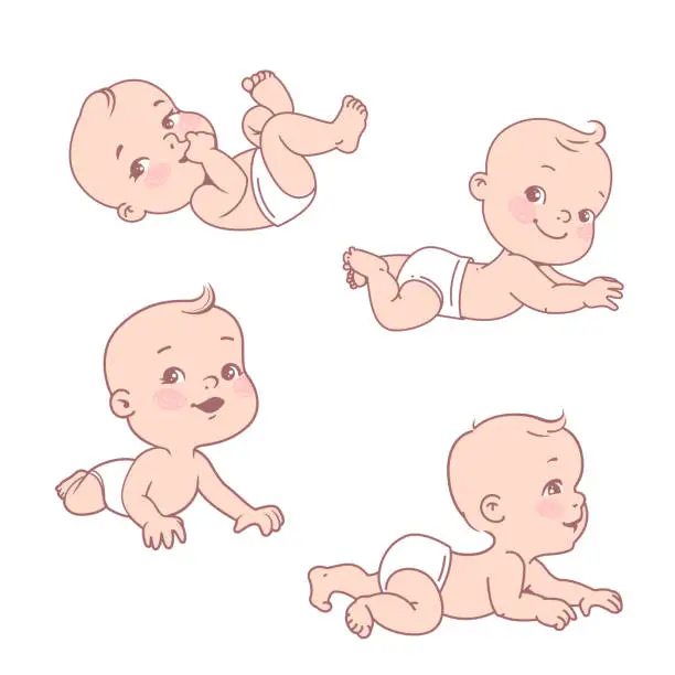 Vector illustration of Set with smiling little baby boy or girl in diaper.
