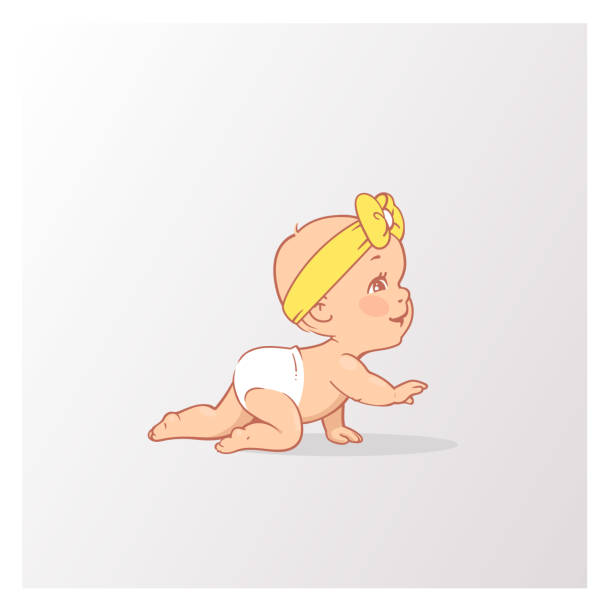 Cute Little Babygirl In Diaper Clrawling Stock Illustration - Download  Image Now - Baby - Human Age, Hair Bow, Art - Istock