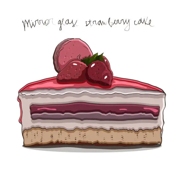 Vector illustration of Sliced a cake of mousse, covered with a pink mirror glaze, on top of the cake the decor of strawberries and macaroon. Vector illustration.