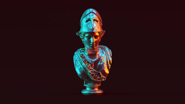 istock Silver Minerva Bust Sculpture with Red Orange and Blue Green Moody 80s lighting Front View 1182388863
