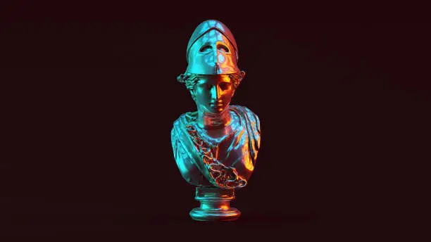 Silver Minerva Bust Sculpture with Red Orange and Blue Green Moody 80s lighting Front View 3d illustration 3d render