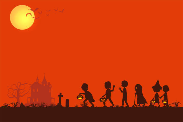 istock Silhouette of children playing on Halloween night, vector illustration 1182390082