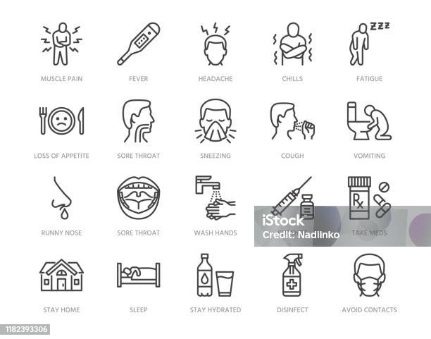 Flu Disease Prevention Cold Symptoms Flat Line Icons Set Fever Headache Sneeze Sore Throat Vector Illustrations Outline Signs Medical Healthcare Infographic Pixel Perfect 64x64 Editable Strokes Stock Illustration - Download Image Now