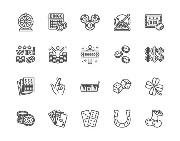 Lottery winner flat line icons set. Win money gambling, casino poker, bingo, wheel of fortune, scratch card vector illustrations. Outline signs for ticket store. Pixel perfect 64x64. Editable Strokes Lottery winner flat line icons set. Win money gambling, casino poker, bingo, wheel of fortune, scratch card vector illustrations. Outline signs for ticket store. Pixel perfect 64x64. Editable Strokes. poker win stock illustrations