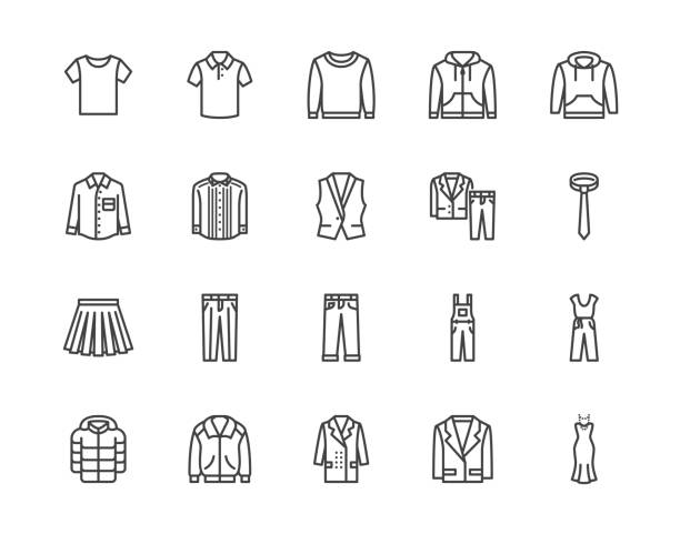 tkaniny płaskie ikony linii zestaw. odzież - kurtka, bluza z kapturem, bluza, spodnie męskie, koszula polo, dżinsy, płaszcz, ilustracje wektorowe krawata. zarys znaków dla sklepu z modą. pixel doskonały 64x64. edytowalne obrysy - jacket stock illustrations