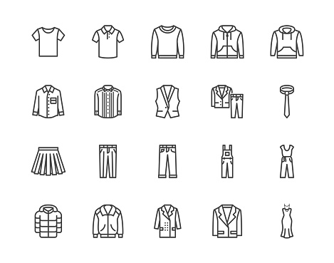 Cloth flat line icons set. Apparel - jacket, hoody, sweatshirt, male pants, polo shirt, jeans, coat, tie vector illustrations. Outline signs for fashion store. Pixel perfect 64x64. Editable Strokes.