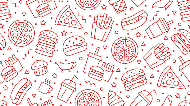 햄버거, 피자, 핫도그, 음료, 치즈 버거의 벡터 라인 아이콘 패스트 푸드 원활한 패턴. 레스토랑 메뉴 배경, 맛있는 건강에 해로운 점심 - food stock illustrations