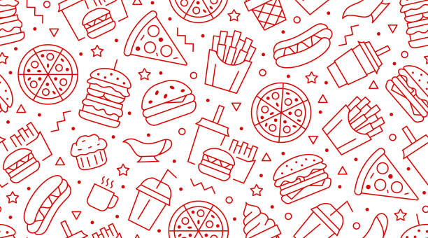 stockillustraties, clipart, cartoons en iconen met fast food naadloze patroon met vector lijn iconen van hamburger, pizza, hotdog, drank, cheeseburger. restaurant menu achtergrond, smakelijke ongezonde lunch - burger