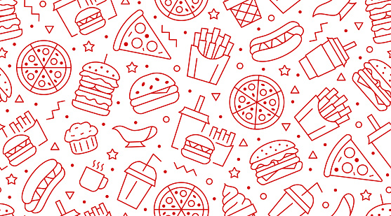 istock Fast food seamless pattern with vector line icons of hamburger, pizza, hot dog, beverage, cheeseburger. Restaurant menu background, tasty unhealthy lunch 1182393436