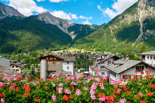 chamonix y montando blanco en sunny day, francia - residential structure summer season valley fotografías e imágenes de stock