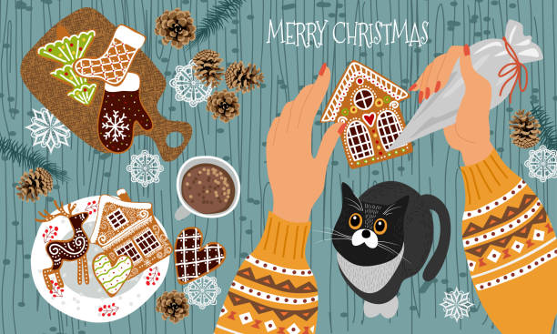 vorbereitung auf weihnachten und neujahr. nette flache vektor-illustration - hände mit einer teigtasche schmücken lebkuchen kekse mit vereisung und katze beobachten den prozess. - bread baked illustration and painting vector stock-grafiken, -clipart, -cartoons und -symbole