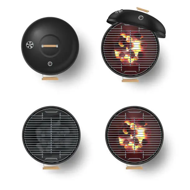 Vector illustration of Round empty barbecue grill top view vector set. Unlit grill with Charcoal and another with burning coals.