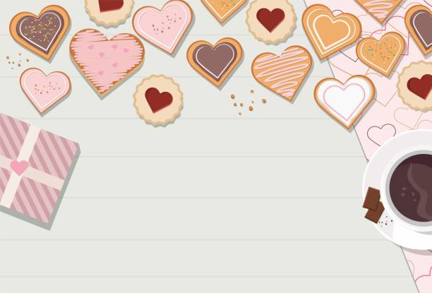 Decorated heart shaped cookies with glaze on wooden background, top view. Valentine's day. Vector Decorated heart shaped cookies with glaze on wooden background, top view. Valentine's day homemade gift boxes stock illustrations