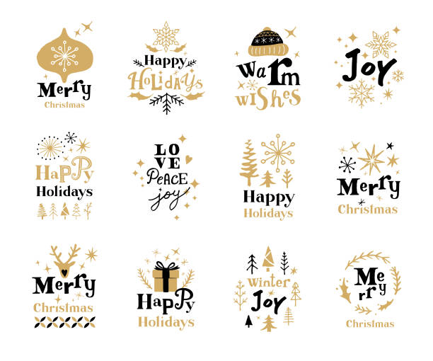 Christmas holiday labels Set of Christmas labels with hand drawn fonts and Christmas decoration. 
Fully editable vectors. sayings stock illustrations