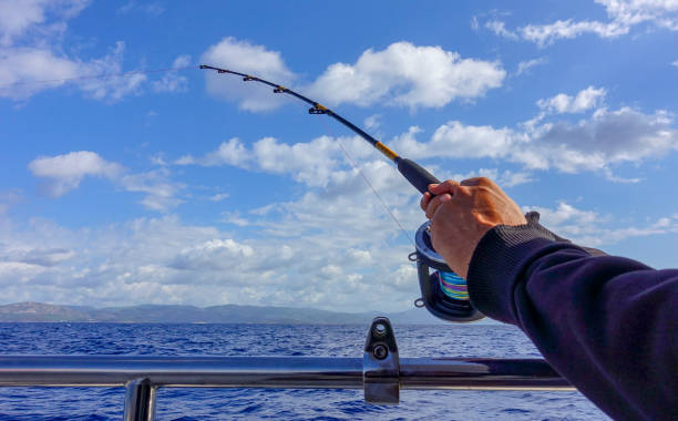 Fishing Fishing reel and rod against the blue sky big game fishing stock pictures, royalty-free photos & images